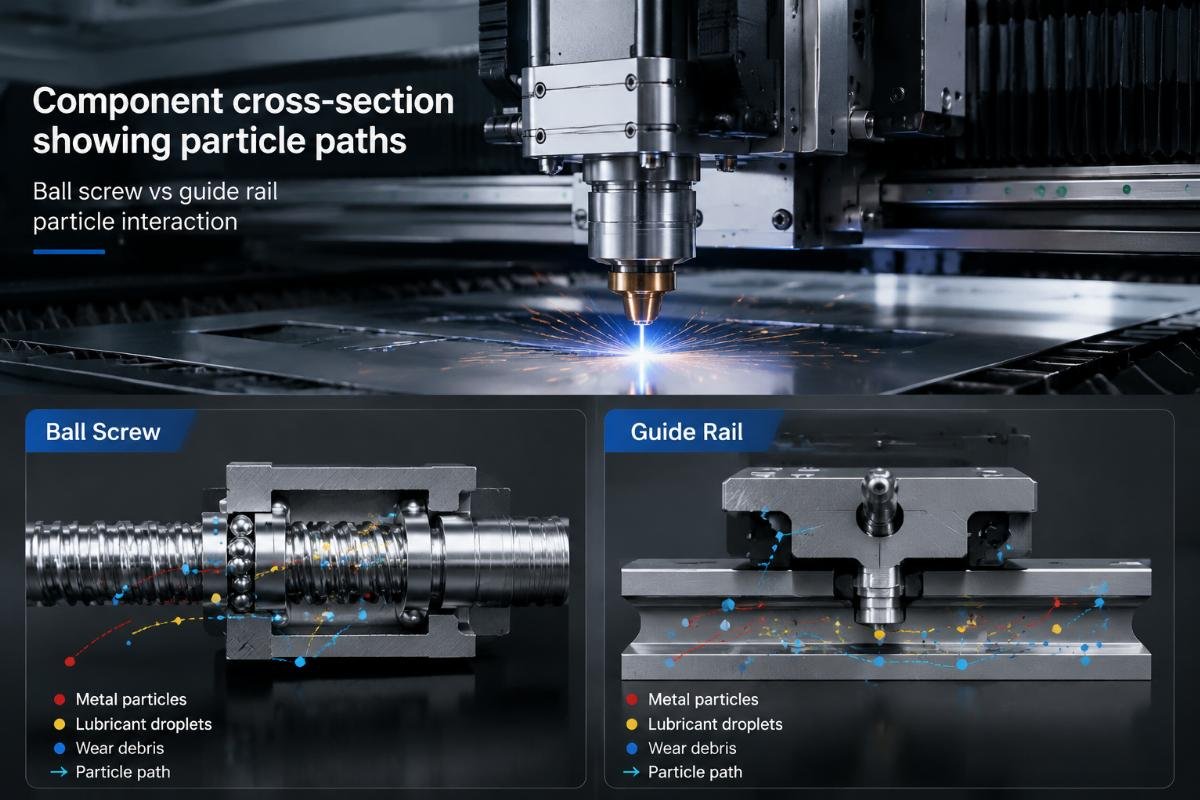 Ball screw vs guide rail particle interaction Component cross-section showing particle paths