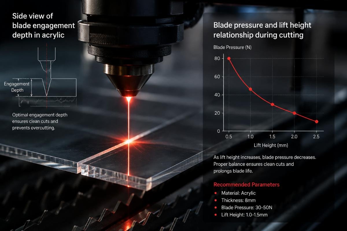 Blade pressure and lift height relationship during cutting Side view of blade engagement depth in acrylic