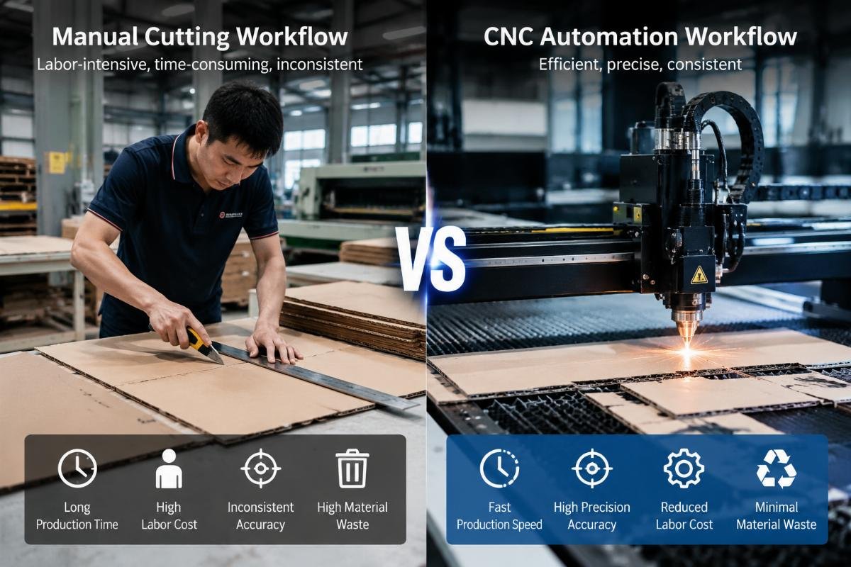 Comparing manual and automated cardboard cutting processes CNC automation versus manual cutting workflow