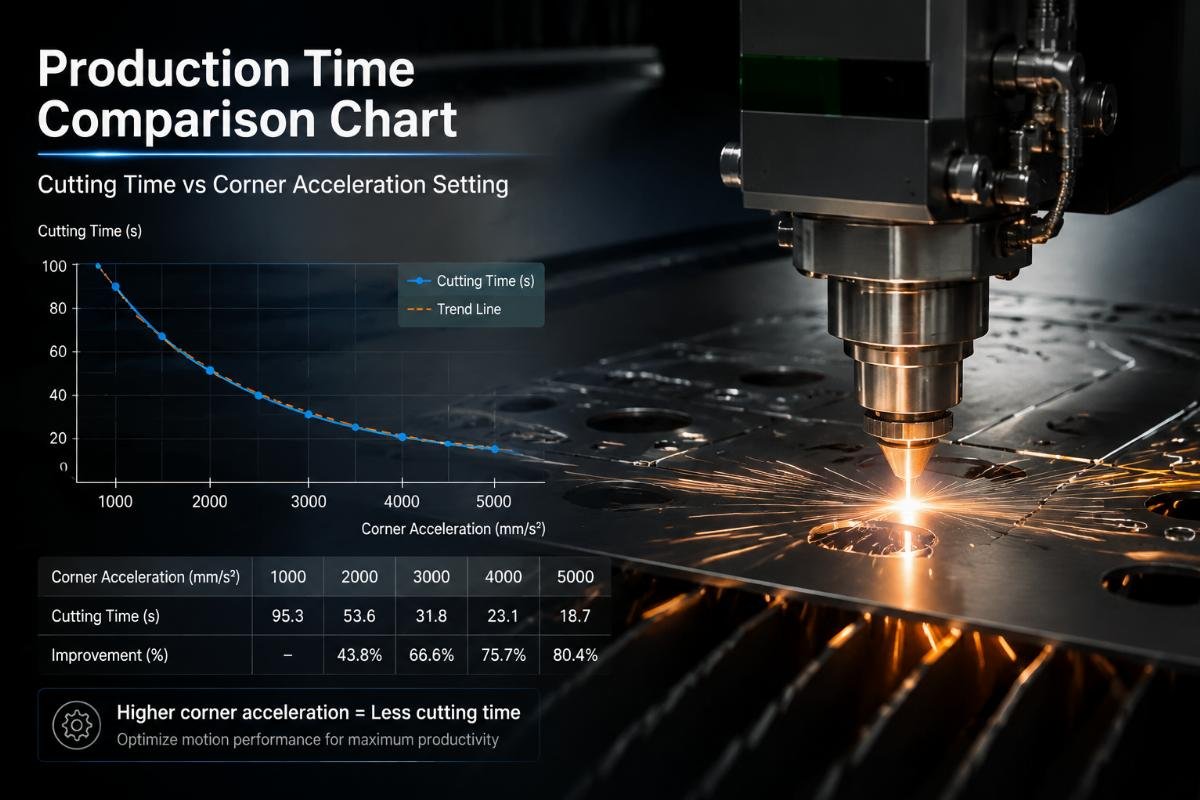 Cutting time vs corner acceleration setting graph Production time comparison chart