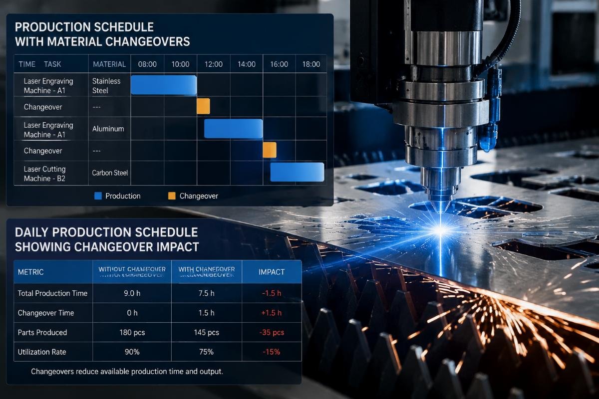 Daily production schedule showing changeover impact Production schedule with material changeovers