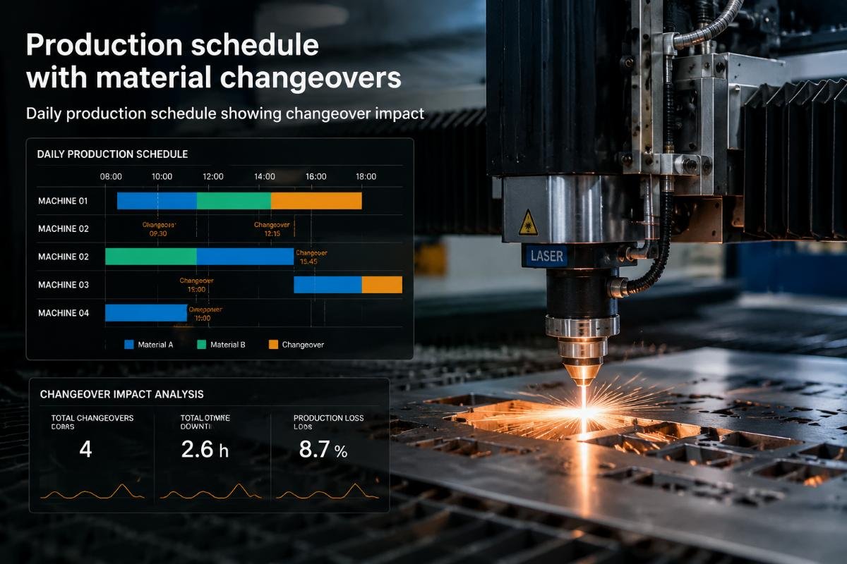 Daily production schedule showing changeover impact Production schedule with material changeovers