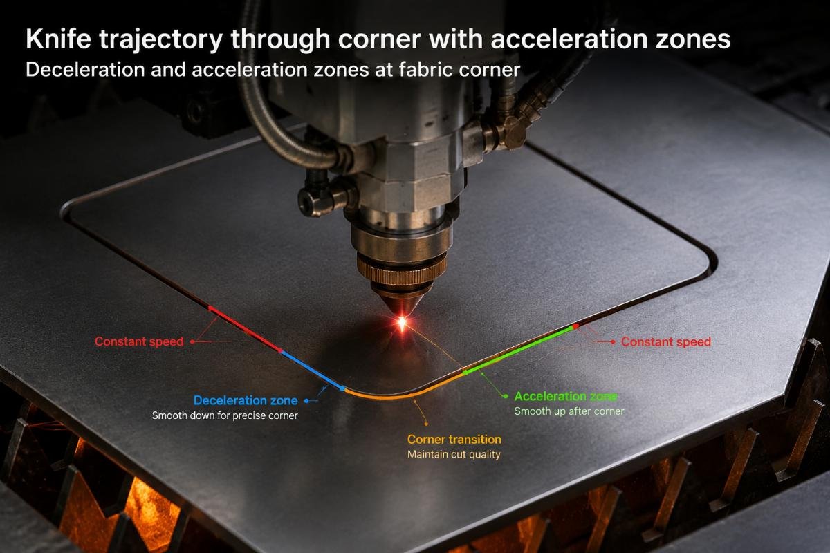 Deceleration and acceleration zones at fabric corner Knife trajectory through corner with acceleration zones