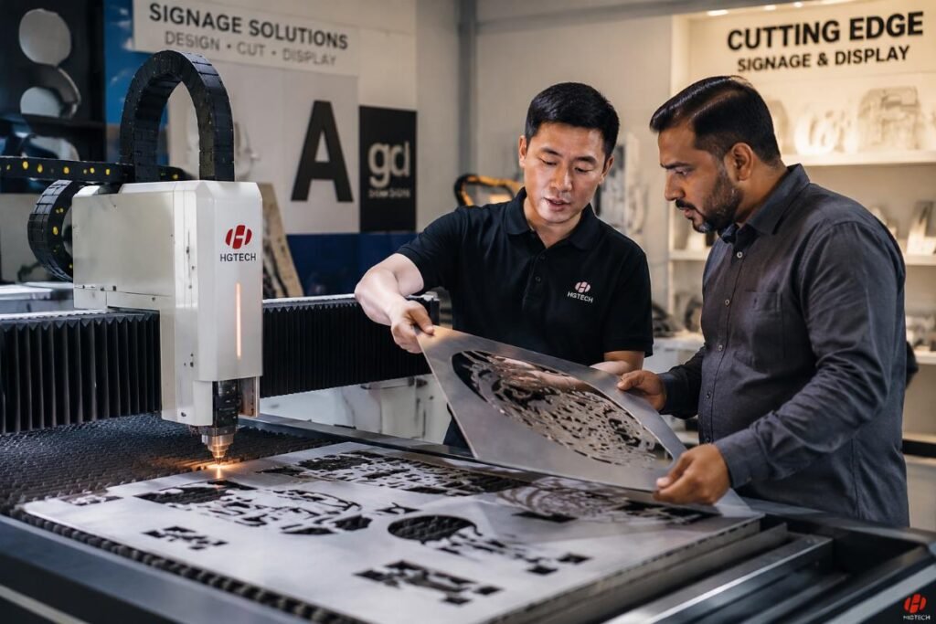 Distributor demonstrating knife cutting machine to signage customer