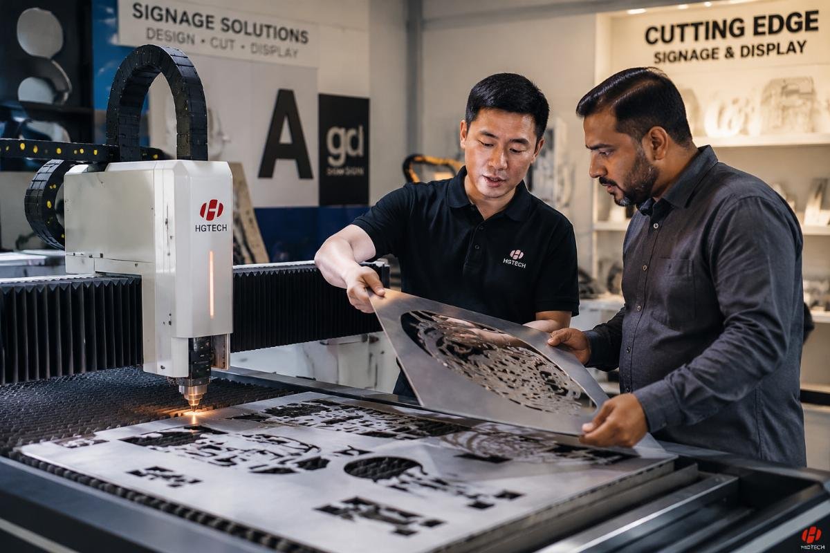 Distributor showing material test to signage shop owner Distributor demonstrating knife cutting machine to signage customer