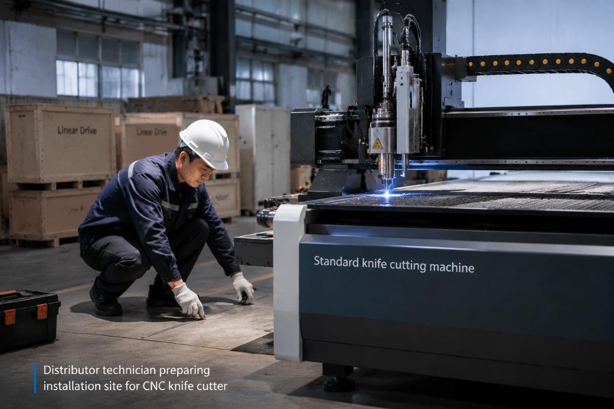Distributor technician preparing installation site for CNC knife cutter Standard knife cutting machine installation workspace
