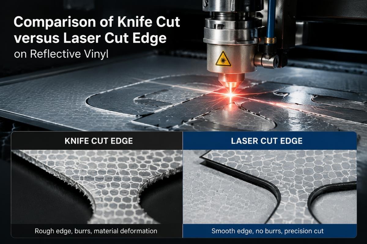 Edge quality comparison on specialty signage materials Comparison of knife cut versus laser cut edge on reflective vinyl