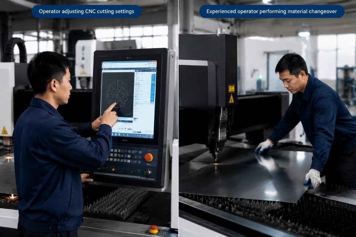 Experienced operator performing material changeover Operator adjusting CNC cutting settings
