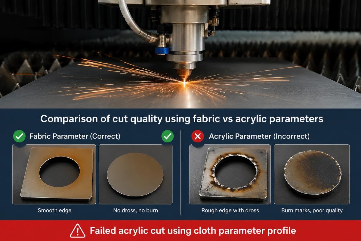 Failed acrylic cut using cloth parameter profile Comparison of cut quality using fabric vs acrylic parameters