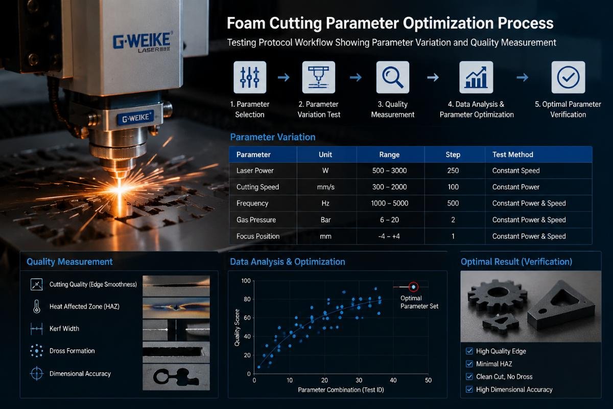Foam cutting parameter optimization process Testing protocol workflow showing parameter variation and quality measurement