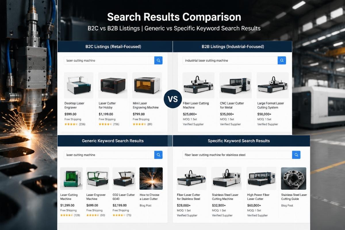 Generic versus specific keyword search results Search results comparison showing B2C vs B2B listings