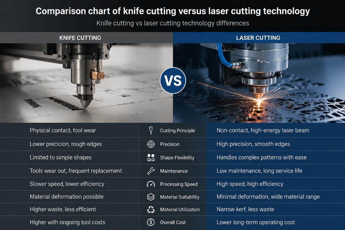 Knife cutting vs laser cutting technology differences Comparison chart of knife cutting versus laser cutting technology