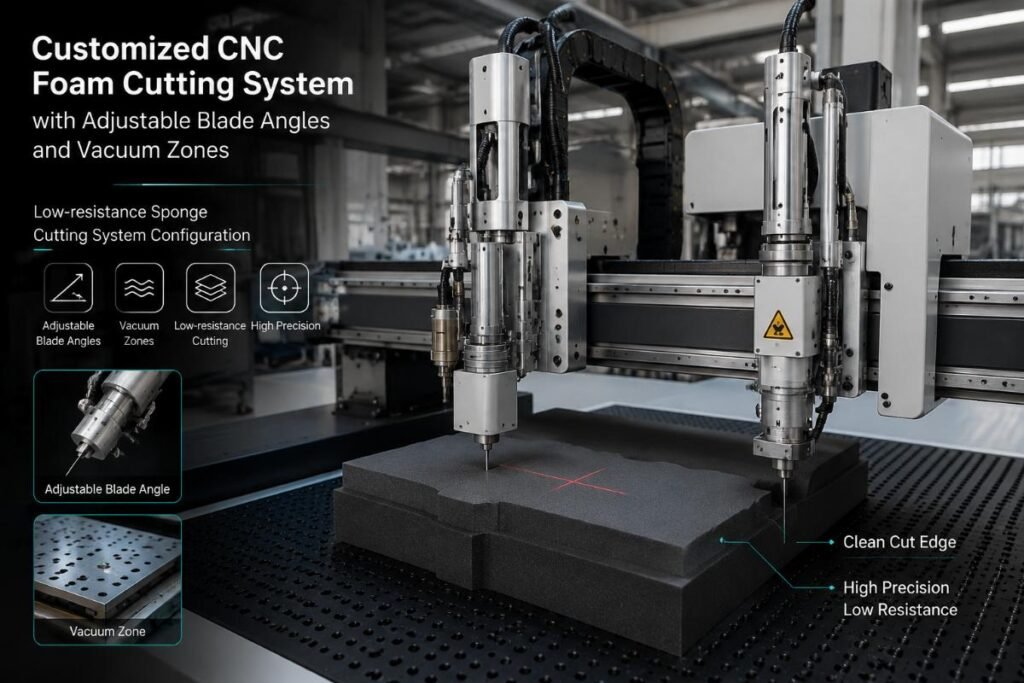 Customized CNC foam cutting system with adjustable blade angles and vacuum zones