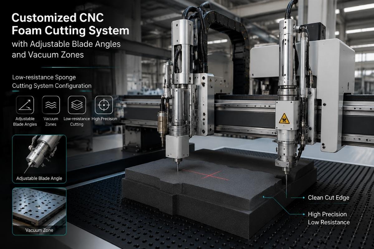 Low-resistance sponge cutting system configuration Customized CNC foam cutting system with adjustable blade angles and vacuum zones