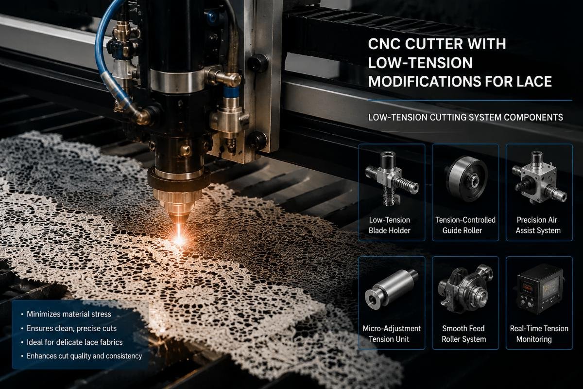 Low-tension cutting system components CNC cutter with low-tension modifications for lace