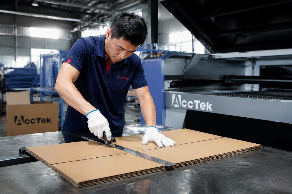 Worker using manual cardboard cutter