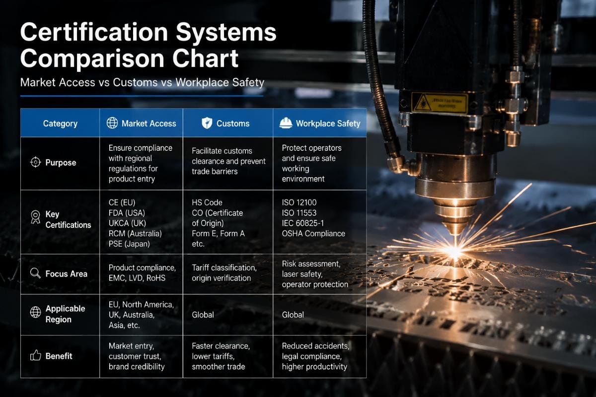 Market access vs customs vs workplace safety Certification systems comparison chart