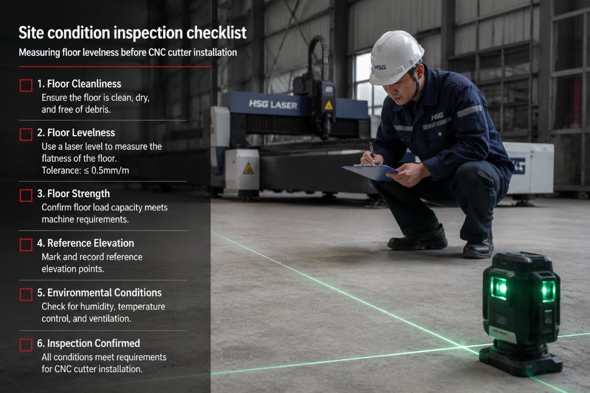Measuring floor levelness before CNC cutter installation Site condition inspection checklist