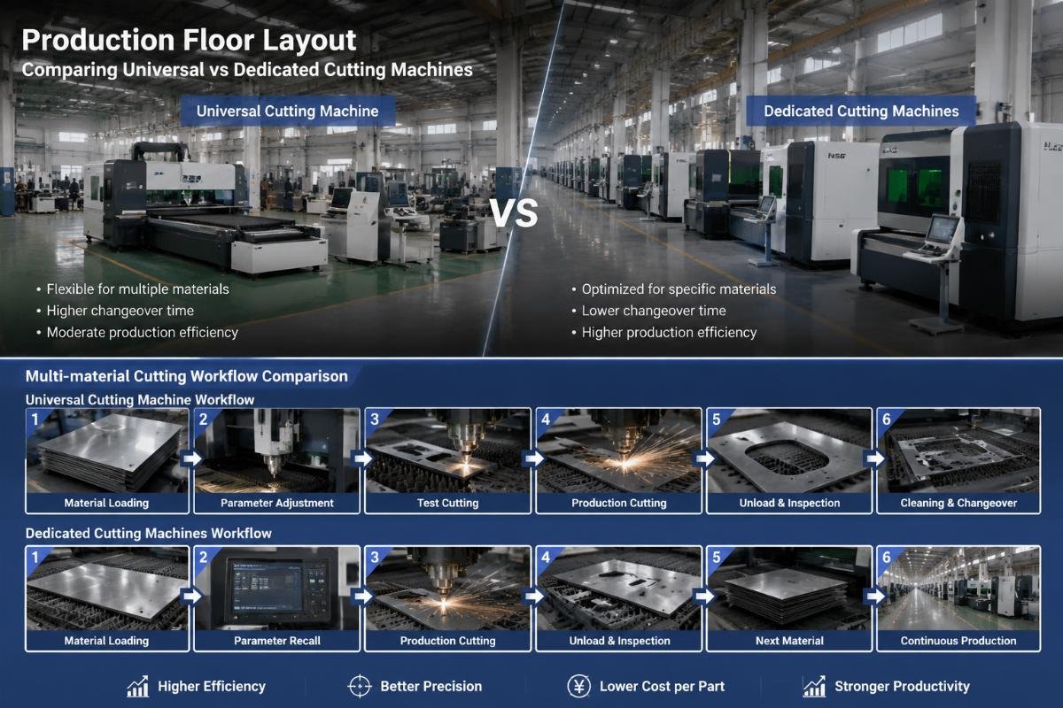 Production floor layout comparing universal vs dedicated cutting machines
