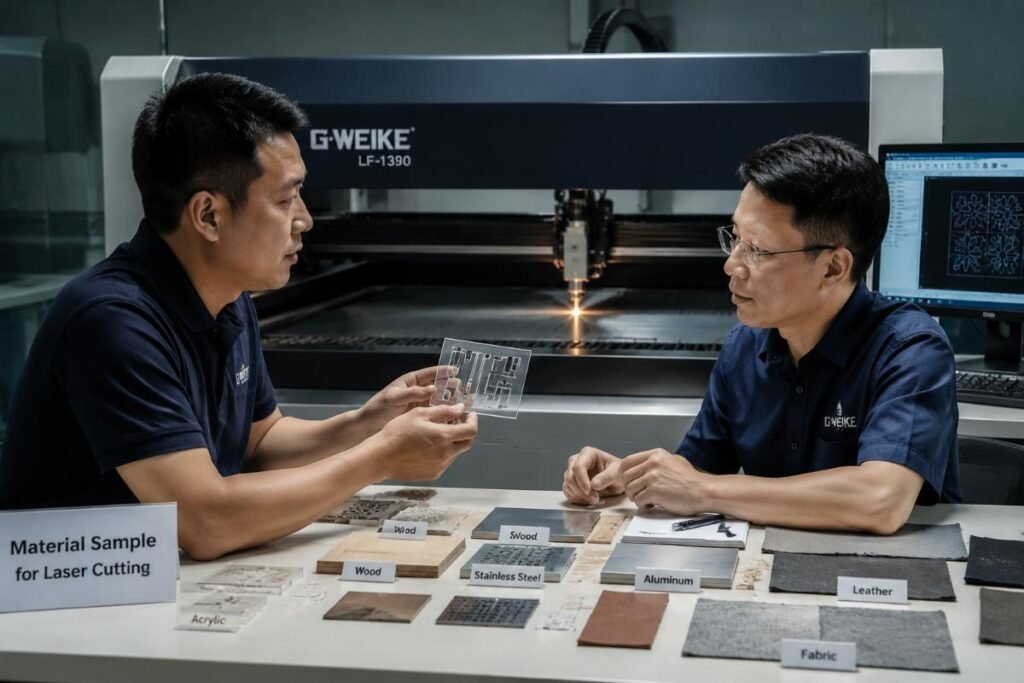 Supplier analyzing material samples for cutting machine selection
