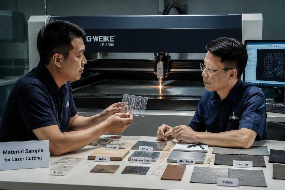 Supplier analyzing material samples for cutting machine selection