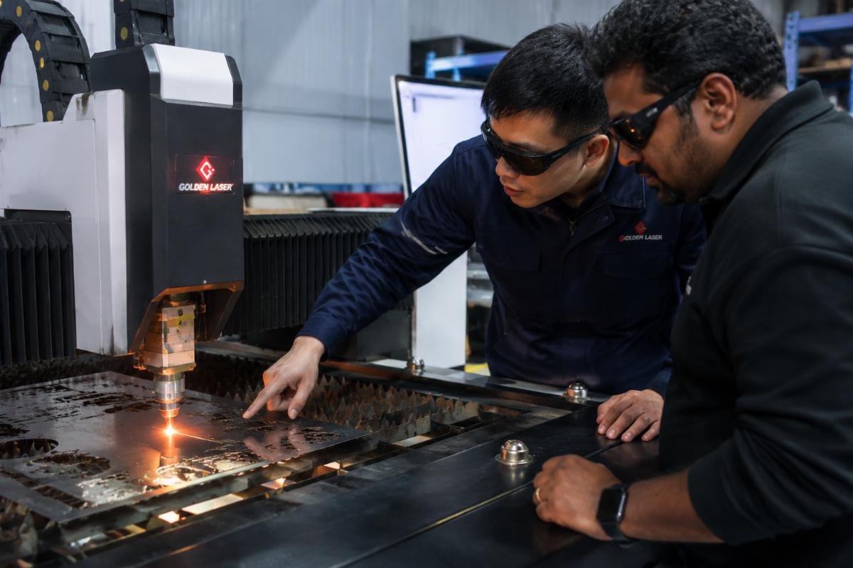 On-site material testing with customer's inventory Distributor cutting customer's actual material samples during demo