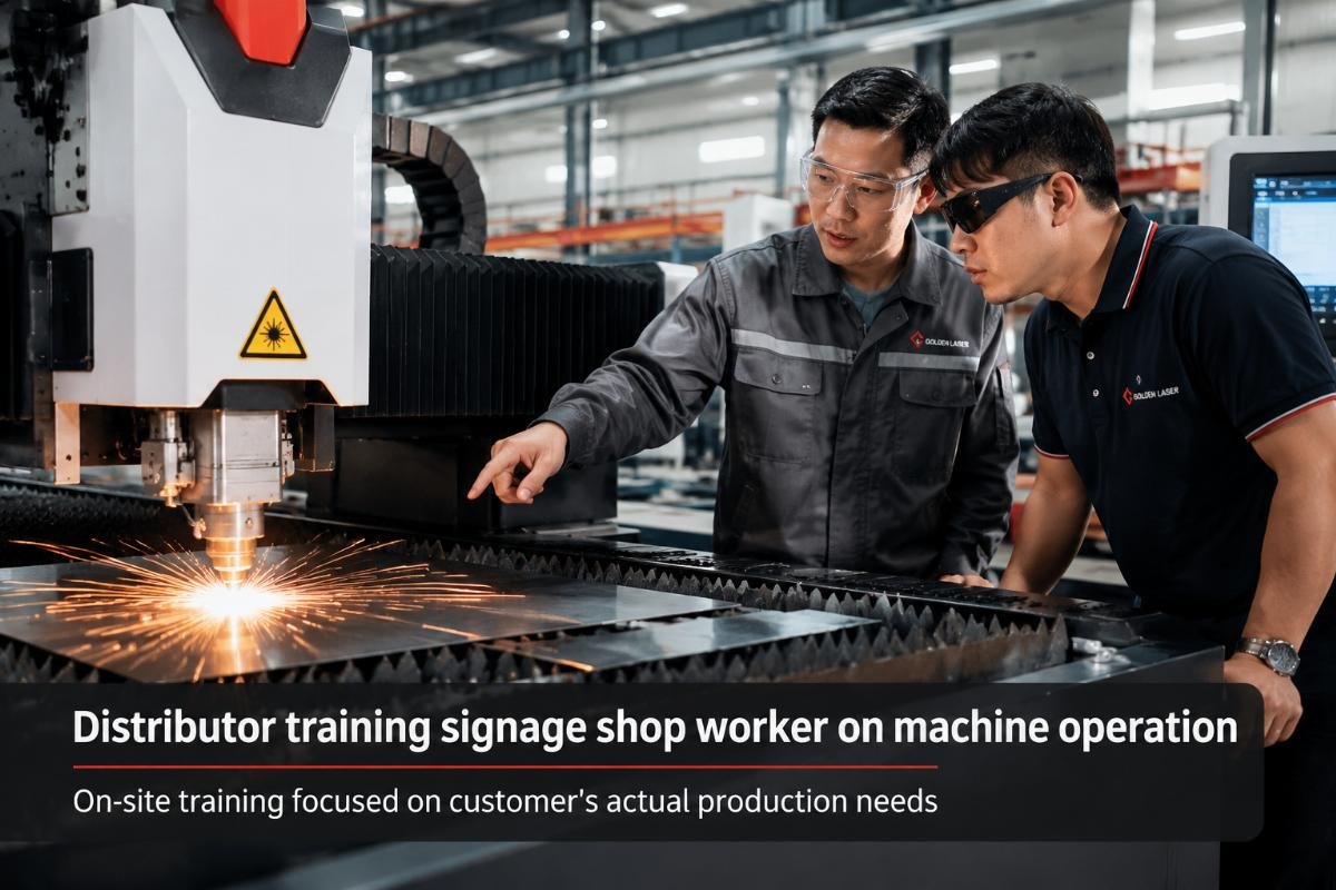 On-site training focused on customer's actual production needs Distributor training signage shop worker on machine operation