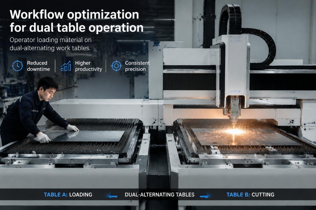 Operator loading material on dual-alternating work tables Workflow optimization for dual table operation