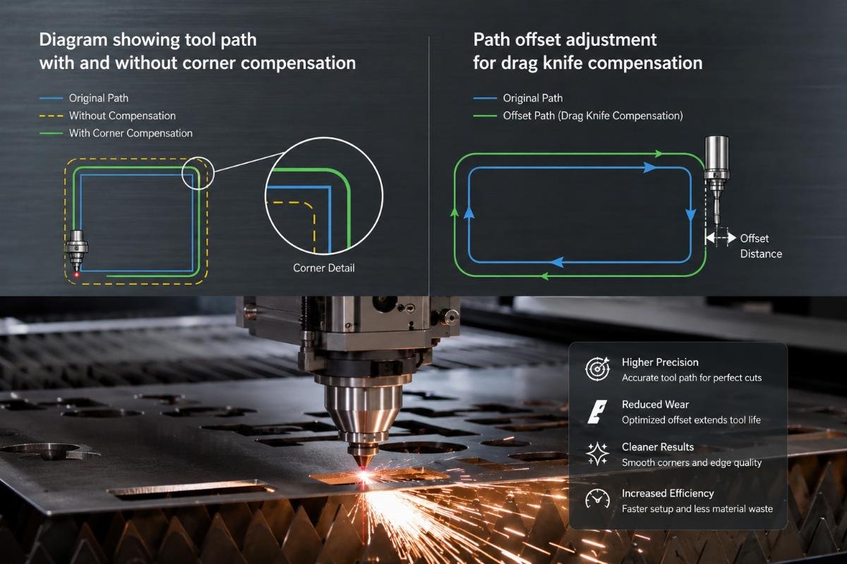 Path offset adjustment for drag knife compensation Diagram showing tool path with and without corner compensation