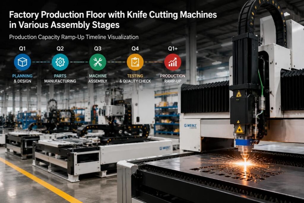 Factory production floor with knife cutting machines in various assembly stages