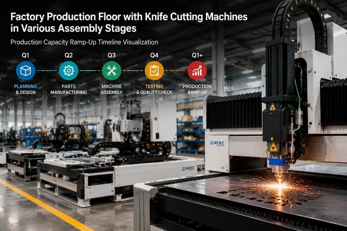 Factory production floor with knife cutting machines in various assembly stages