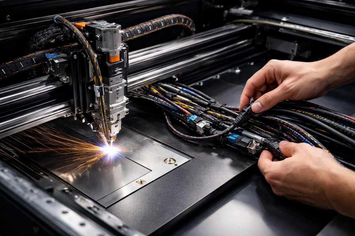 Proper cable management during knife cutter assembly Cable routing and connector assembly