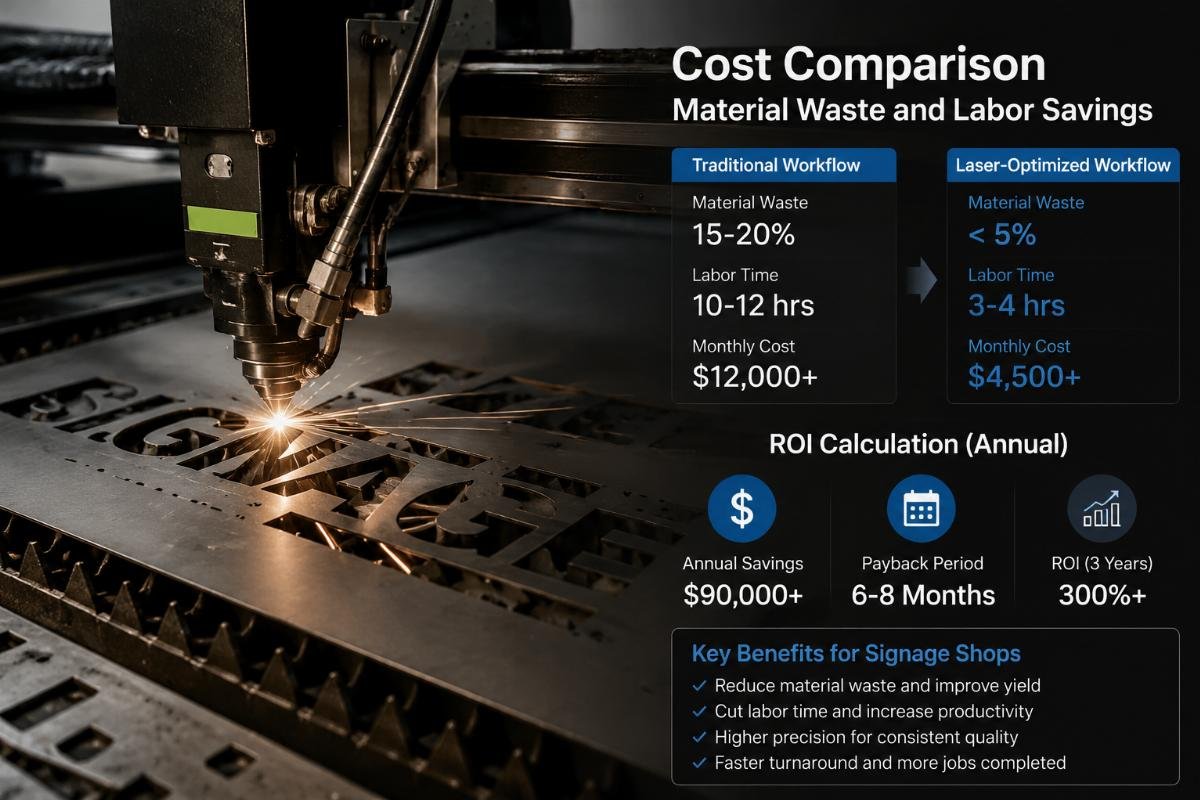 ROI calculation for signage shop workflow improvement Cost comparison showing material waste and labor savings