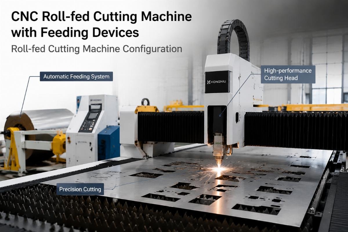 CNC roll-fed cutting machine with feeding devices