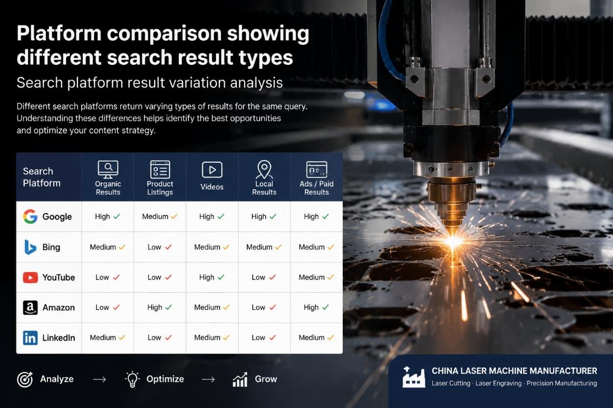 Search platform result variation analysis Platform comparison showing different search result types