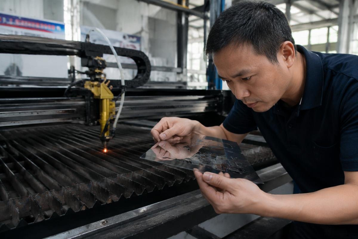 Shop owner inspecting edge quality on specialty vinyl Signage shop owner examining cut quality on reflective material