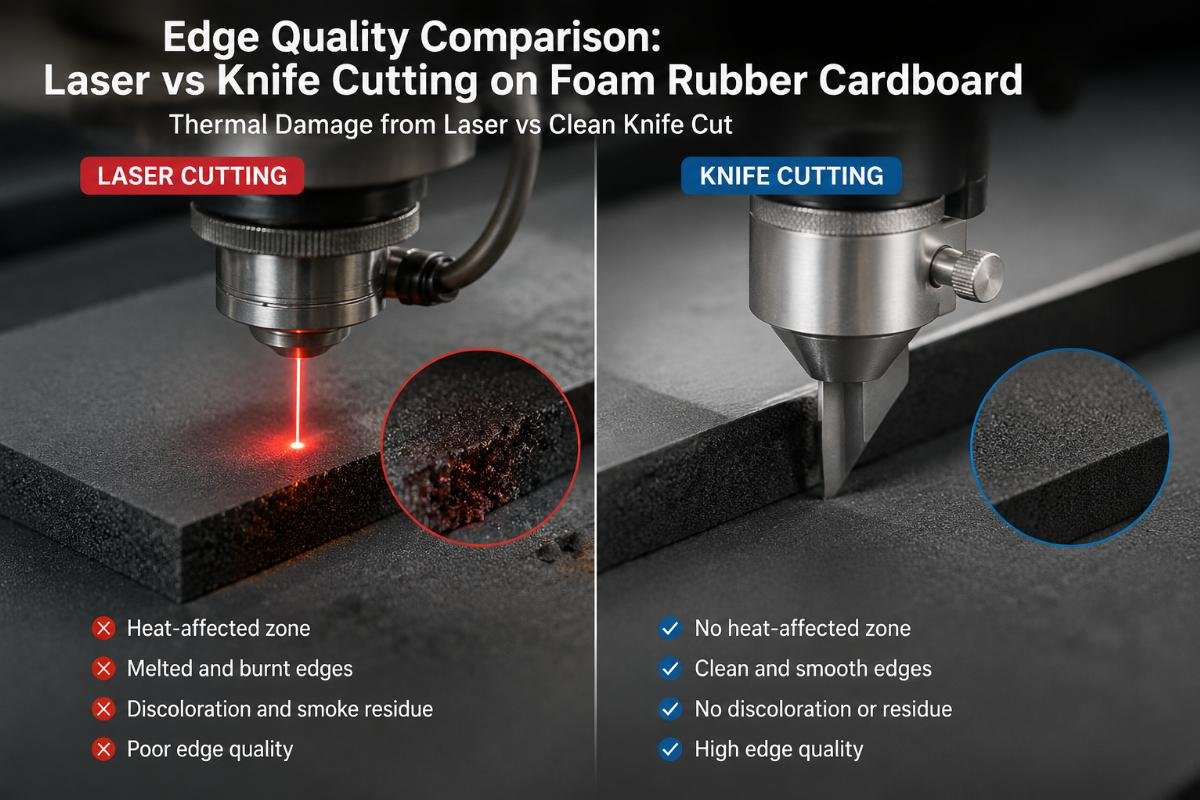 Edge quality comparison between laser and knife cutting on foam rubber cardboard