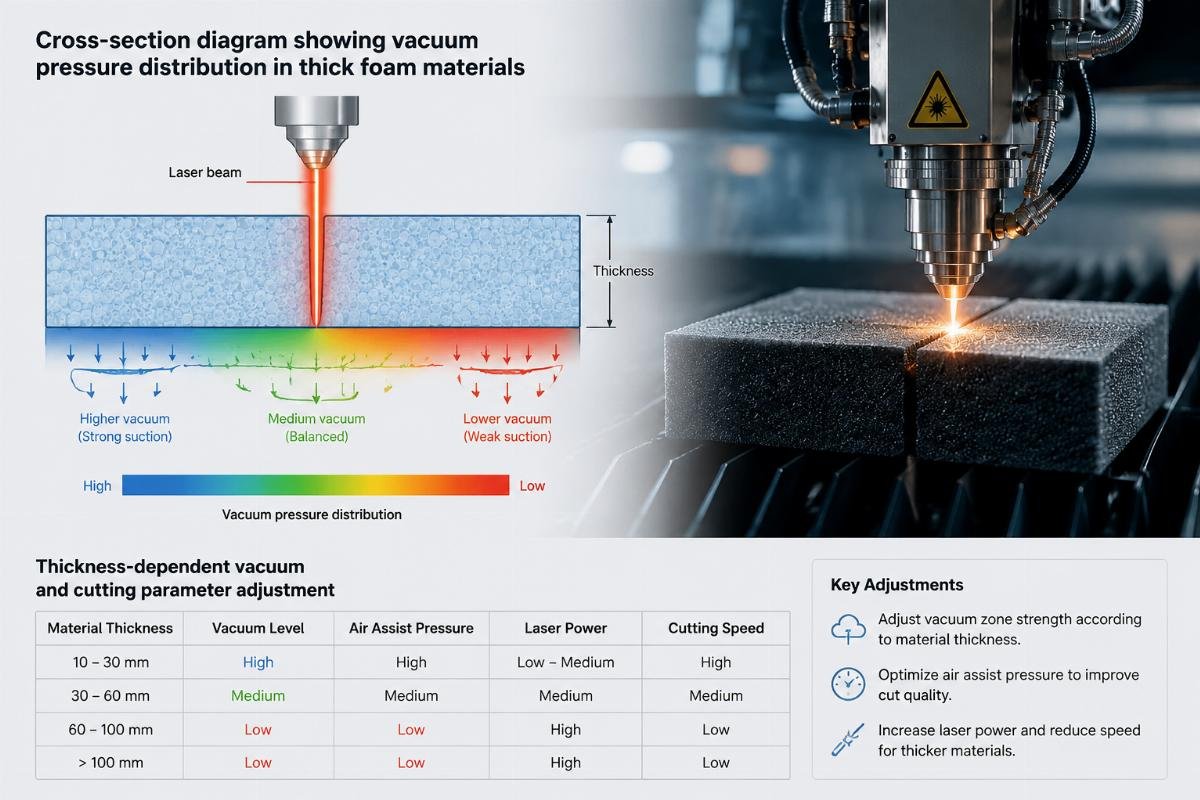 Thickness-dependent vacuum and cutting parameter adjustment Cross-section diagram showing vacuum pressure distribution in thick foam materials