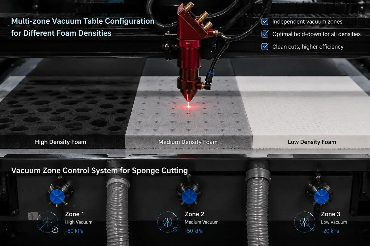 Vacuum zone control system for sponge cutting Multi-zone vacuum table configuration for different foam densities