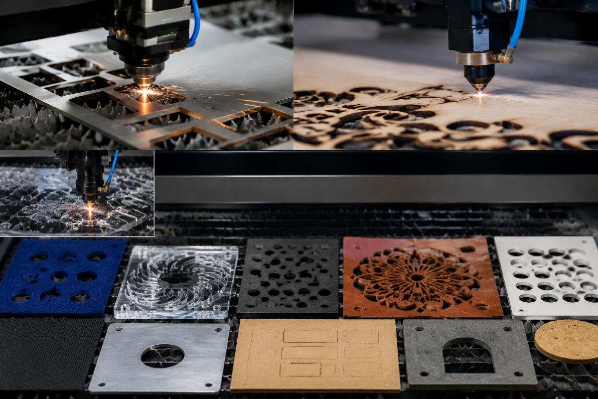 Various flexible materials on CNC cutting table Different materials being cut by CNC machines