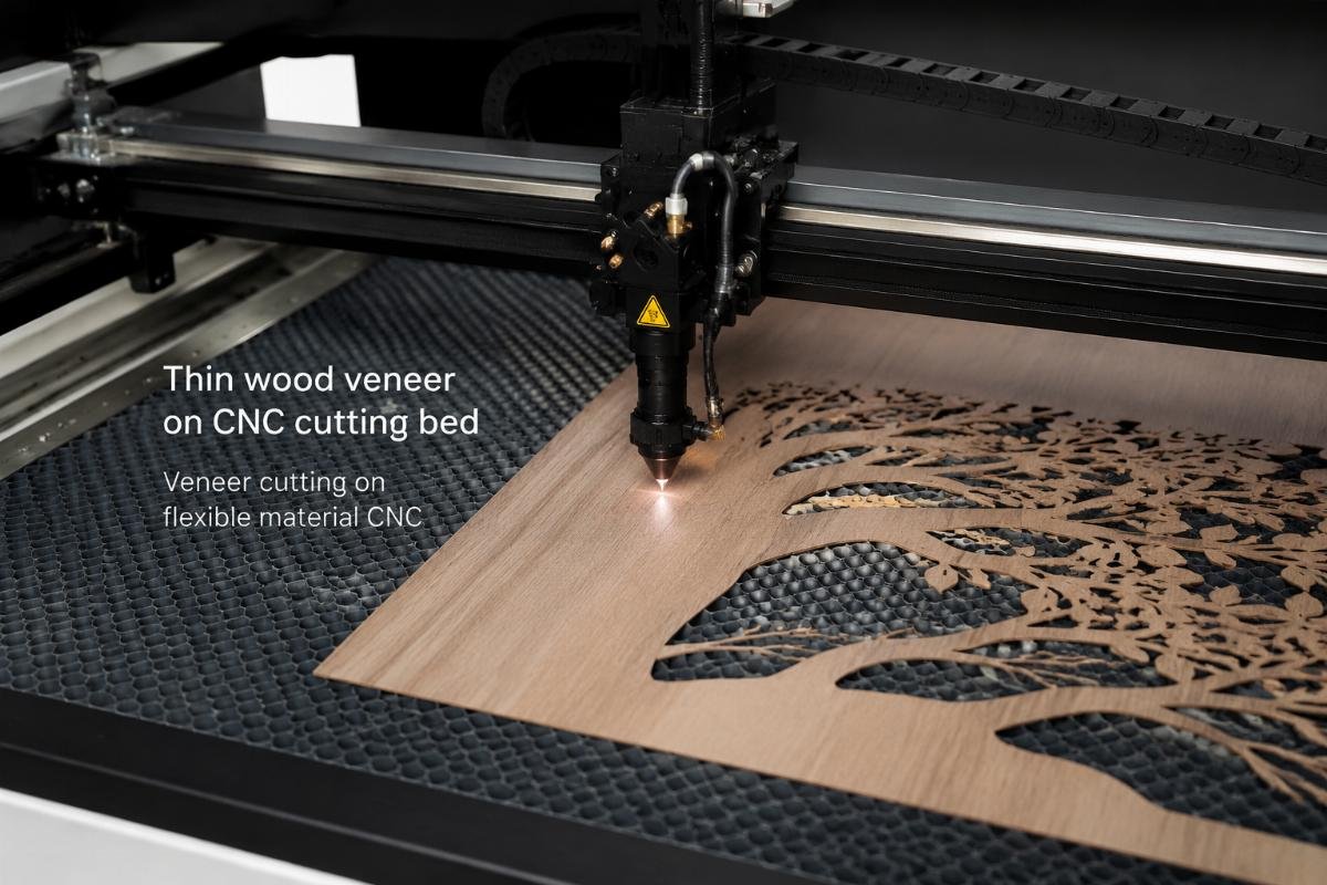 Thin wood veneer on CNC cutting bed