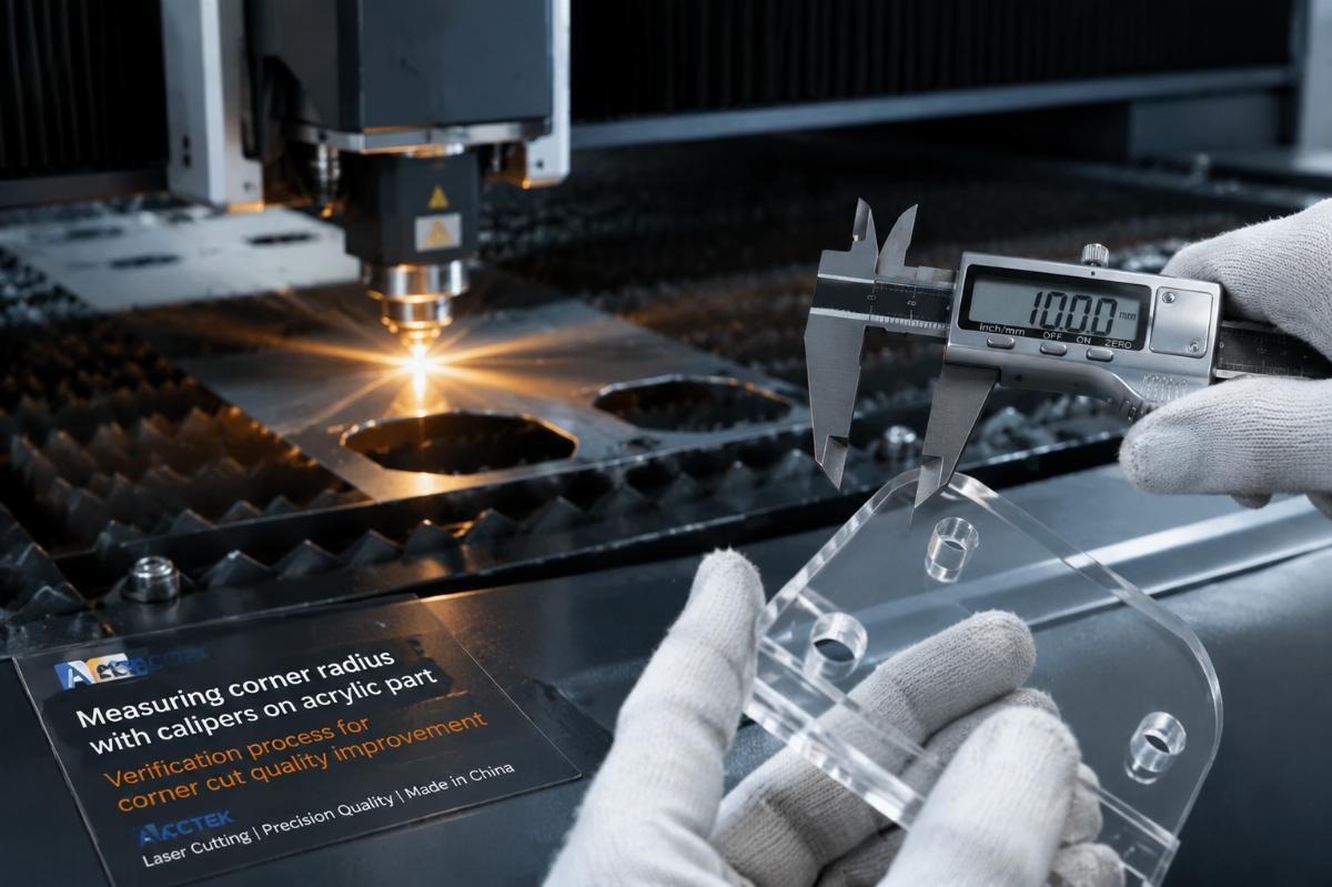 Verification process for corner cut quality improvement Measuring corner radius with calipers on acrylic part