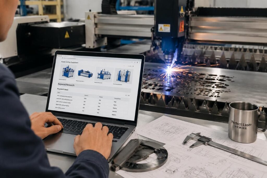 Wholesaler searching for knife cutting equipment on laptop