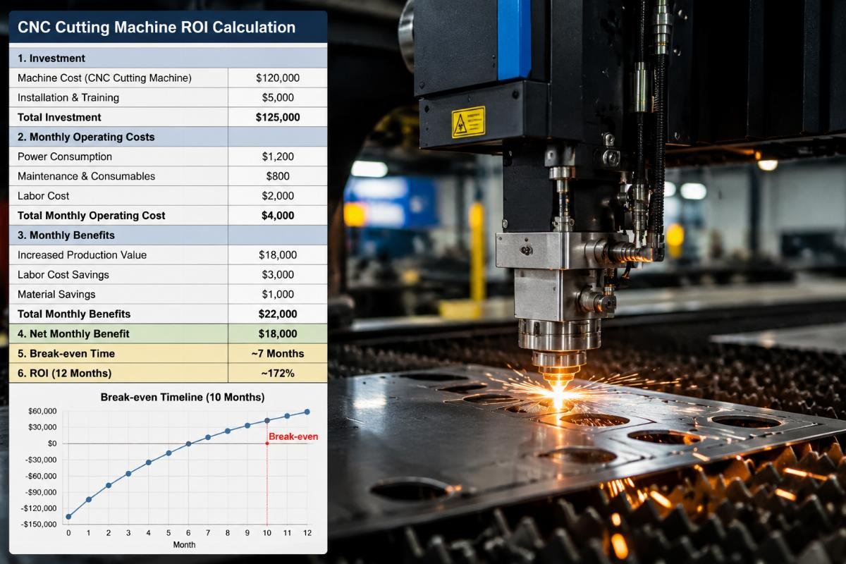 ROI calculation spreadsheet snippet showing 10-month break even timeline for CNC equipment