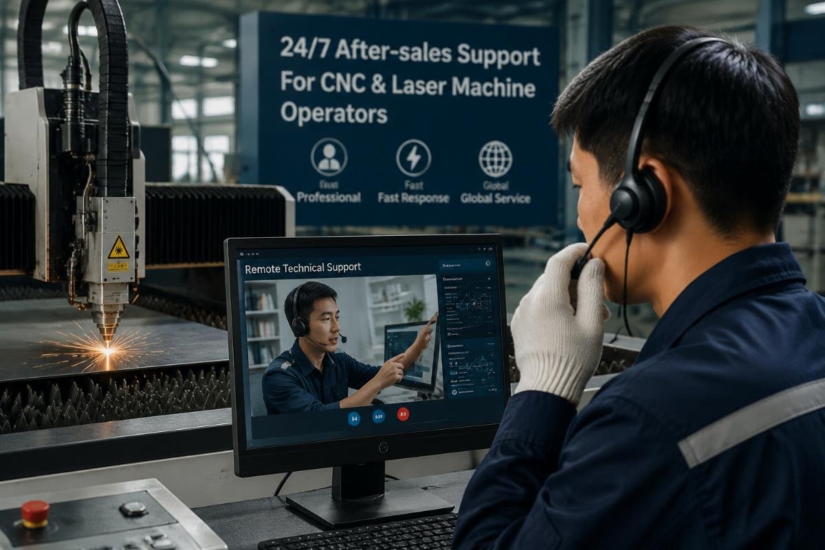 24/7 after-sales support for CNC cutting machine operators Supplier after-sales support team providing remote troubleshooting guidance to factory operators