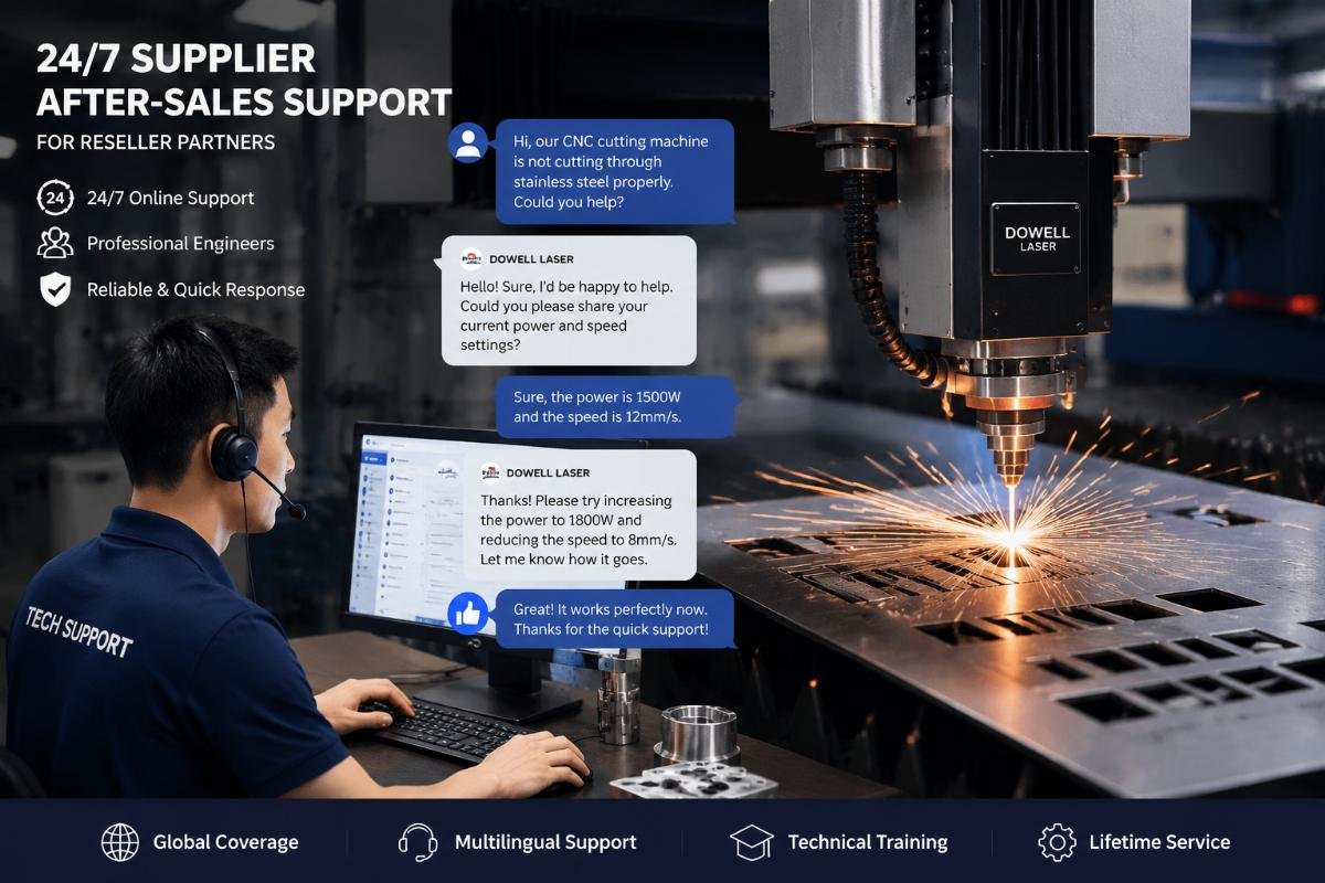 24/7 supplier after-sales support for reseller partners A customer support representative responding to a CNC cutting machine user inquiry via live chat