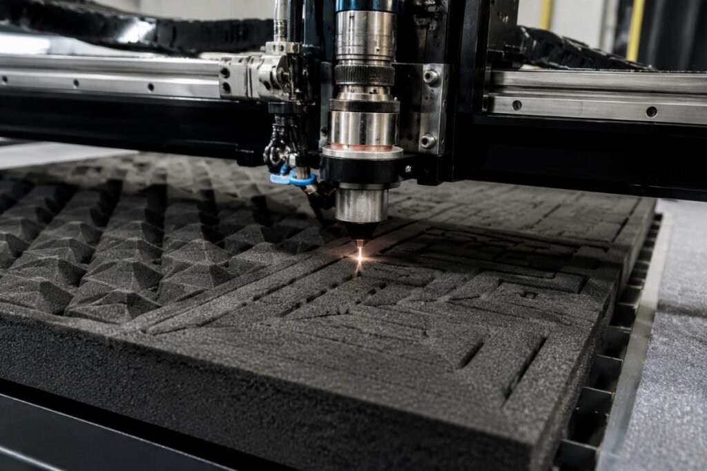 CNC oscillating knife cutting machine processing 50mm thick EVA soundproofing material