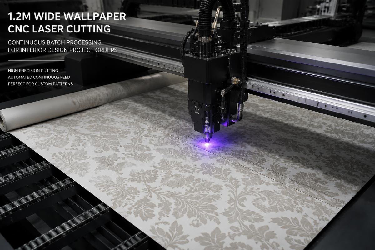 Batch wallpaper cutting for interior design project orders 1.2m wide wallpaper being fed into a CNC cutting machine for continuous batch processing
