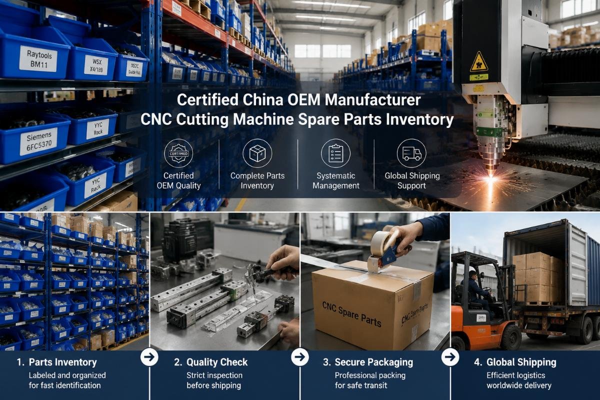 China OEM CNC cutting machine spare part inventory and shipping workflow Certified China OEM manufacturer warehouse with labeled CNC cutting machine spare parts inventory