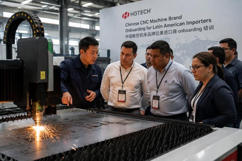 A group of Latin American factory managers reviewing a CNC machine demo in a production facility